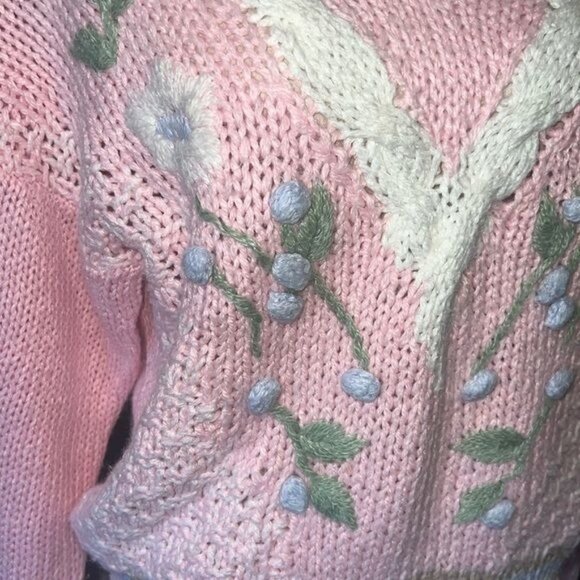 SML Sport Womens Hand-Knit Pink V-Neck Floral Sweater Medium Ramie Blend Vintage - Picture 7 of 11